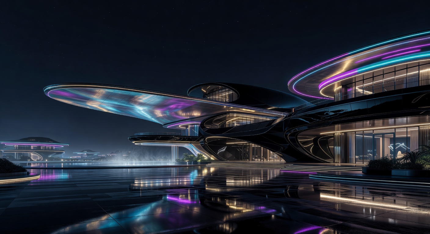 Futuristic luxury resort exterior at night with neon ambient lighting