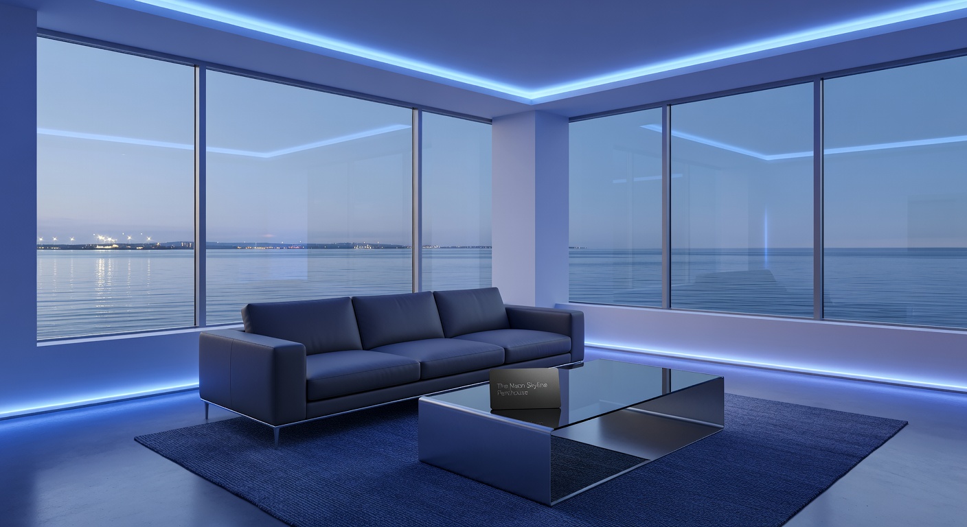 Modern luxury room interior with cool blue atmospheric lighting